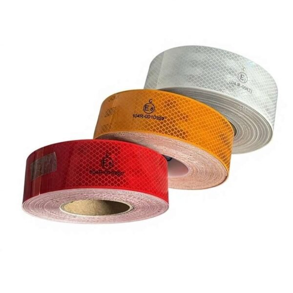 Red yellow and white reflective tape rolls with printed identification marks