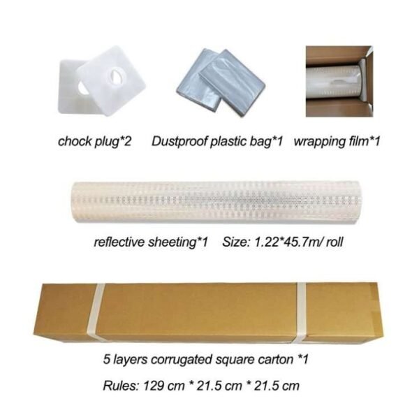 Reflective sheeting packaging illustration with end supports, protective bag and corrugated carton