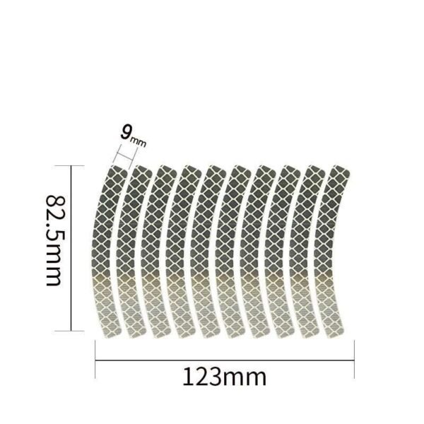 Silver curved reflective strips with 9 mm width and sheet dimensions
