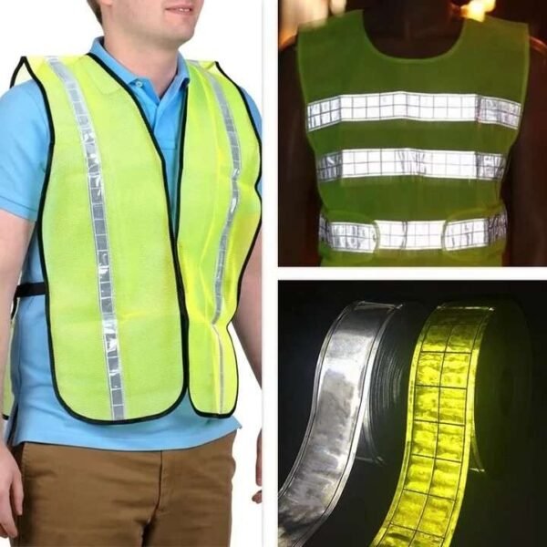 Sewn reflective vest trim shown in normal and directional lighting