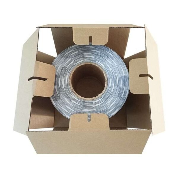 Checkerboard reflective tape roll inside a plain cardboard box