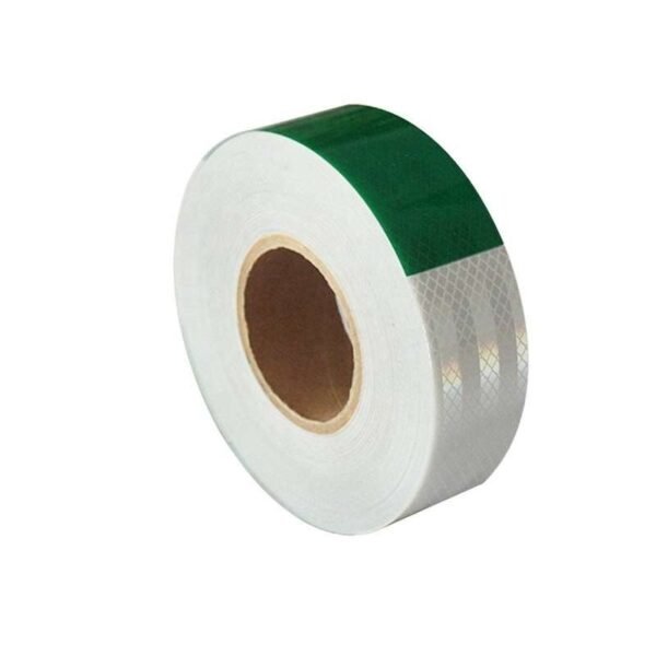 Upright green and white reflective tape roll showing side profile