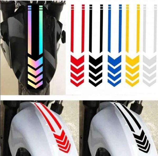 Arrow decal color and placement examples on light and dark motorcycle fenders