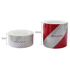 Red and white diagonal reflective tape rolls in illustrated 5 cm and 10 cm widths