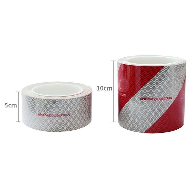 Red and white diagonal reflective tape rolls in illustrated 5 cm and 10 cm widths