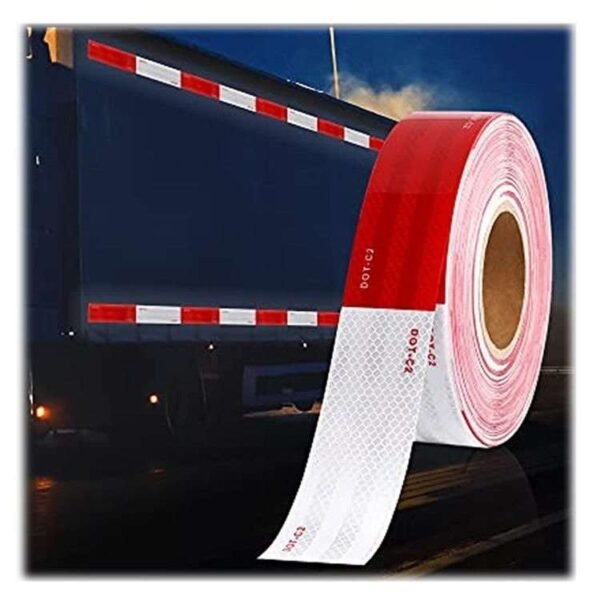 Red and white reflective truck marking tape with side-panel placement illustration