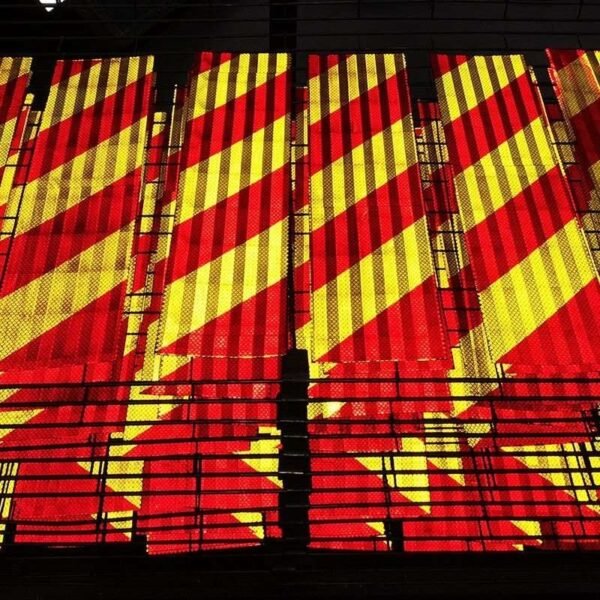 Close view of multiple reflective red and yellow marking panels