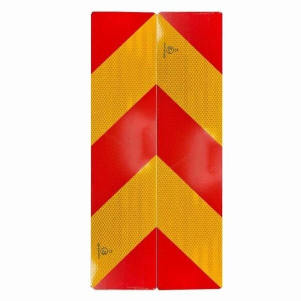 Paired red and yellow reflective vehicle marker panels with mirrored stripe directions
