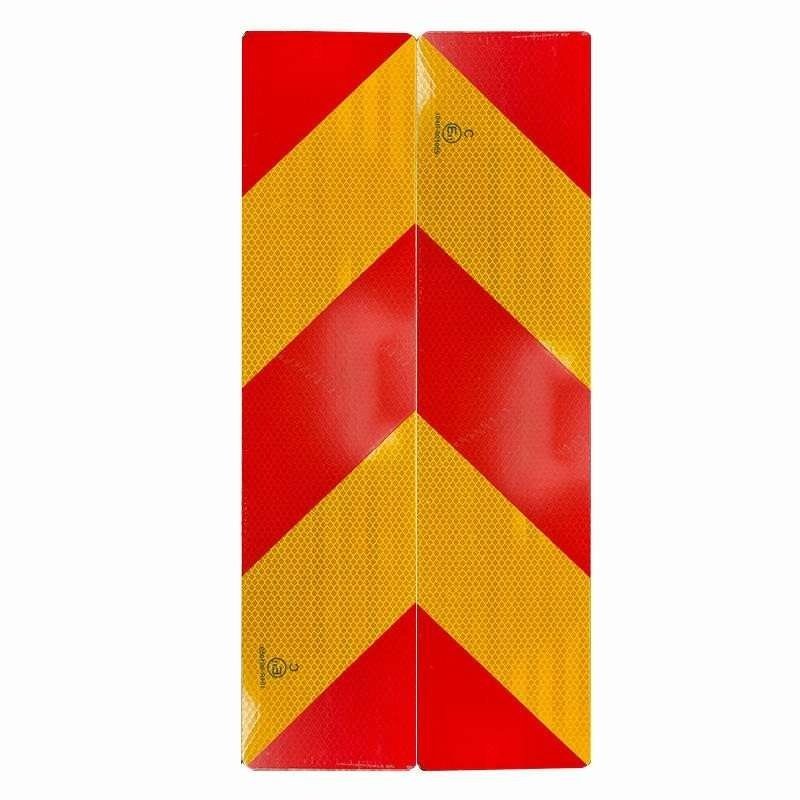 Paired red and yellow reflective vehicle marker panels with mirrored stripe directions