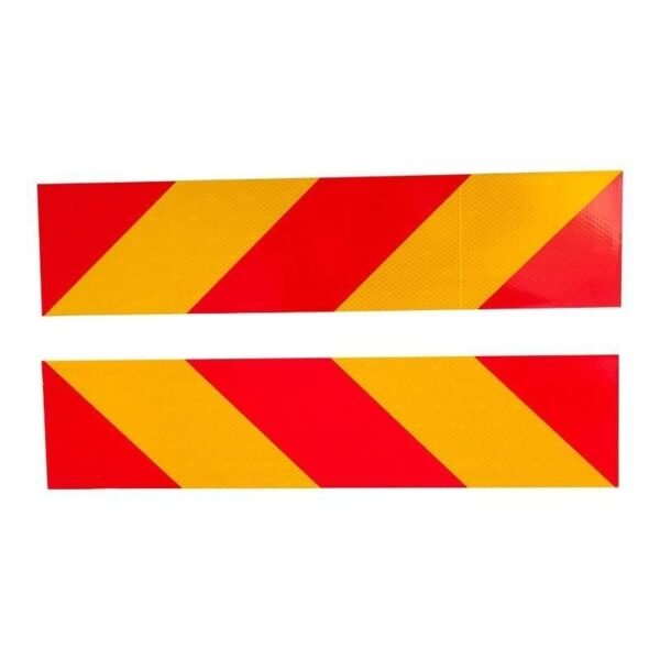 Horizontal pair of diagonal red and yellow reflective vehicle marker panels