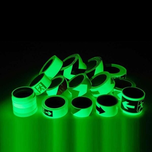 Arrow exit and diagonal-pattern tapes showing green afterglow